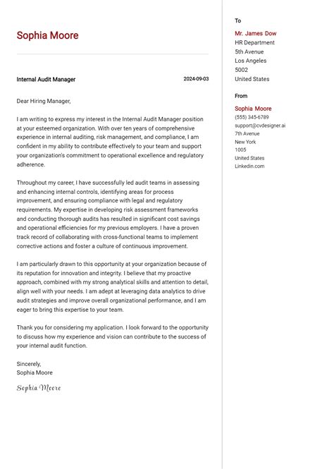 Internal Audit Manager Cover Letter Examples And Templates For 2024 Cvdesigner Ai