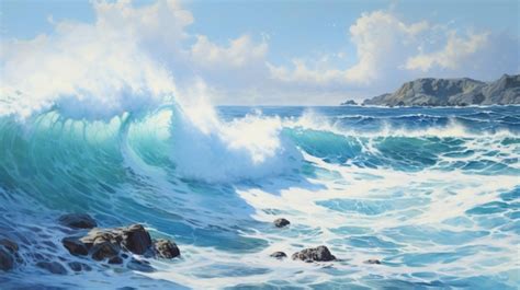 Pintura Realista Das Ondas Do Mar Da China Oriental Quebrando Na Costa