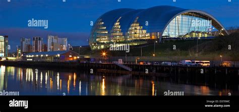 Panoramic photo of Gateshead Quays with Sage Gateshead at night, Tyne ...