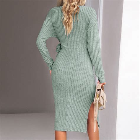 Female Cocktail Party Dress Solid Deep V Neck Long Sleeve Knitted Party