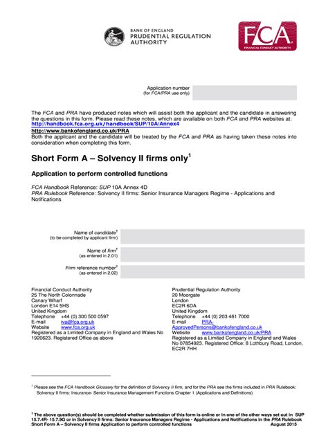 Fillable Online Short Form A Solvency II Firms Only FCA Handbook Fax