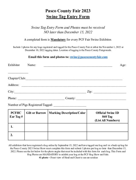 Fillable Online Pasco County Fair 2023 Swine Tag Entry Form Fax Email