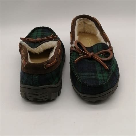 Clarks Mens Slippers Green Plaid Moccasin House Faux Gem