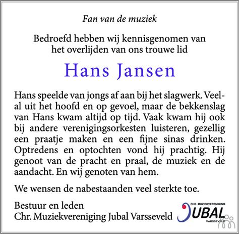 Hans Jansen Overlijdensbericht En Condoleances Mensenlinq Nl