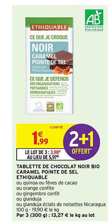 Promo Tablette De Chocolat Noir Bio Caramel Pointe De Sel Thiquable