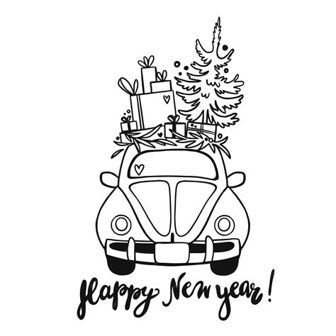 Premium Vector Handdrawing Moving Retro Car With Christmas Tree On