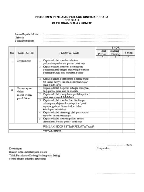 Instrumen Penilaian Prilaku Kinerja Kepala Sekolah Oleh Orang Tua Dan Komite Sekolah Pdf