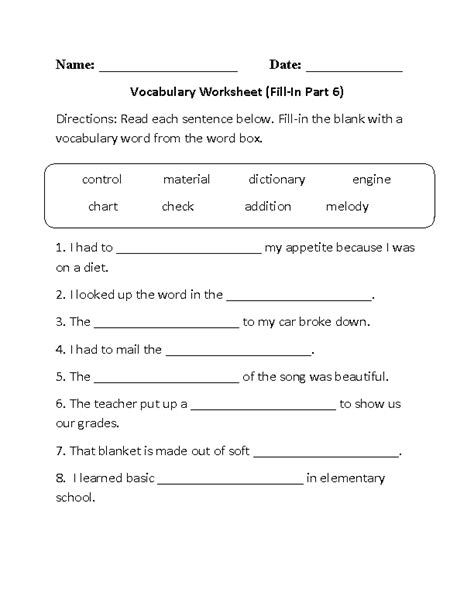 British English Grade 6 Vocabulary Printable Skills Sheets