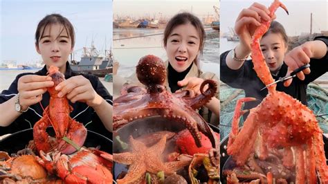 Female Fishermen Eat Giant King Crab Lobster Conch Octopu Squid