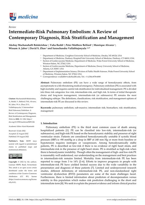 Pdf Intermediate Risk Pulmonary Embolism A Review Of Contemporary Diagnosis Risk