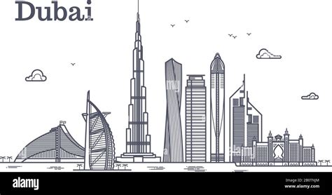 Detailed dubai line vector cityscape with skyscrapers. Uae landmark ...