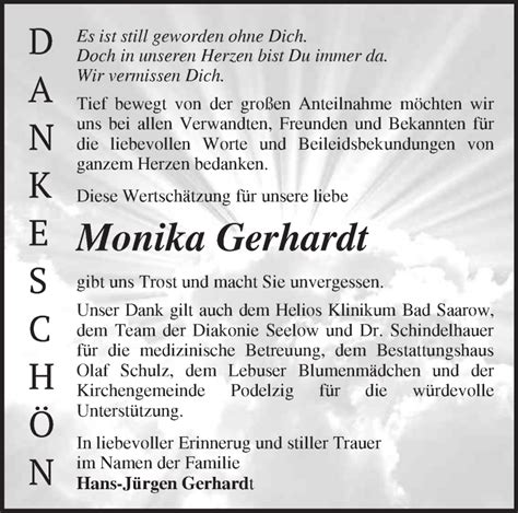 Traueranzeigen von Monika Gerhardt Märkische Onlinezeitung Trauerportal