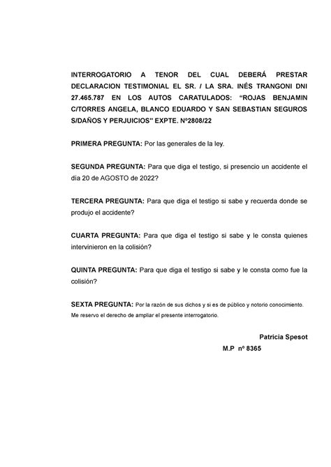 2 Interrogatorio para testigo INTERROGATORIO A TENOR DEL CUAL DEBERÁ