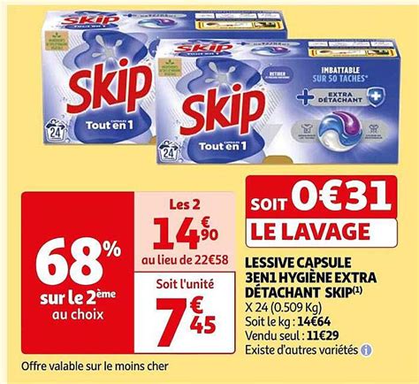 Promo Lessive Capsule 3 En 1 Hygiène Extra Détachant Skip chez Auchan