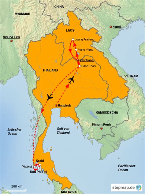 StepMap Laos Thailand Landkarte für Asien