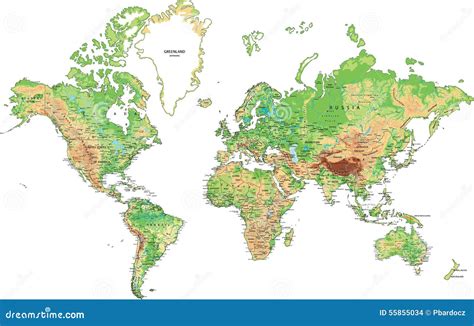 Highly Detailed Physical Map Of The World Stock Vector Illustration