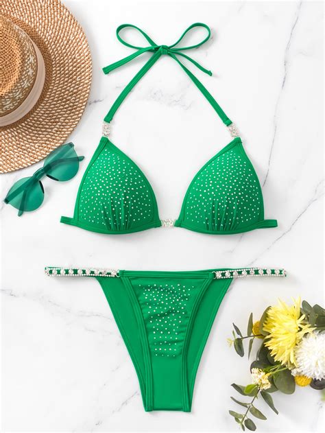 Bañador bikini con tanga triángulo con diamante de imitación tachuela