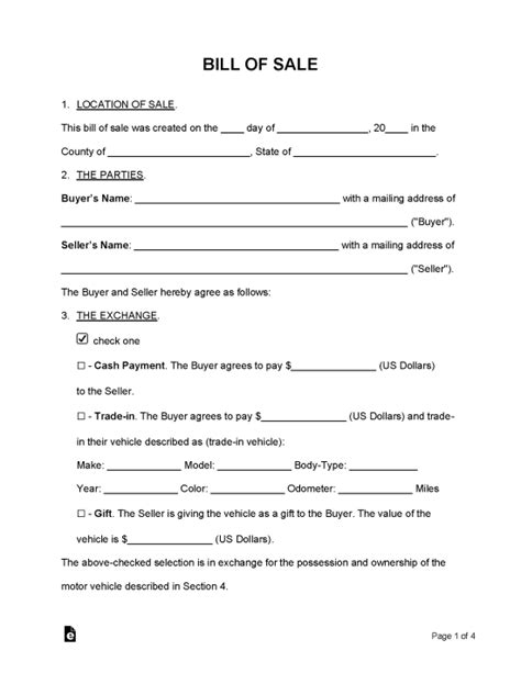 Free Bill Of Sale Forms Pdf Word Eforms