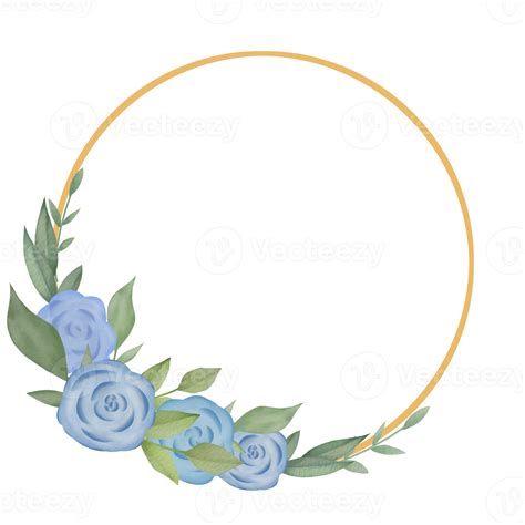 Watercolor Leaves And Blue Flower Bouquet Wreath Frame Digital Painting