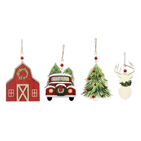 Wood Country Christmas Hanging Ornaments, 4 Ast. | Ivystone