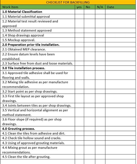 Checklist Template For Tiling Work