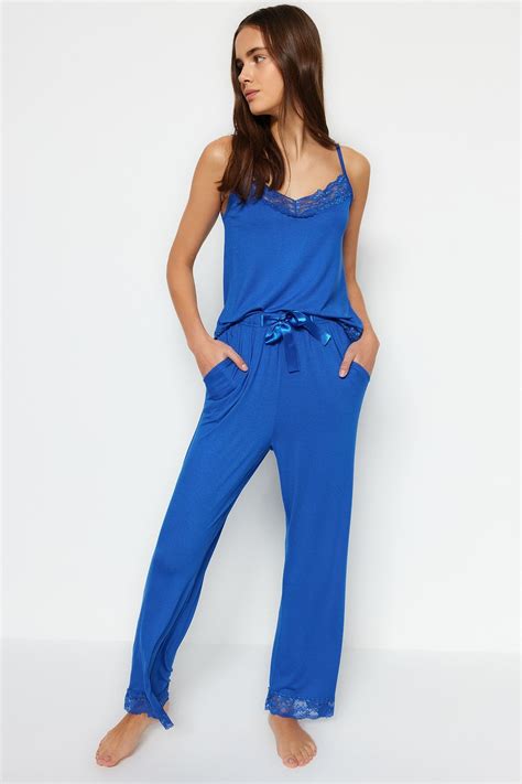 Trendyol Collection Pajama Set Blue Plain Trendyol