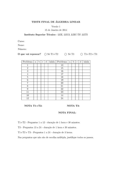 Prova 2013 questões TESTE FINAL DE ALGEBRA LINEAR Versao 1 15 de