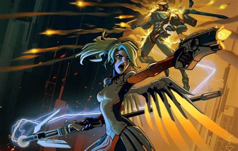 Обои Blizzard Art Overwatch Mercy Pharah Angela Ziegler Fareeha