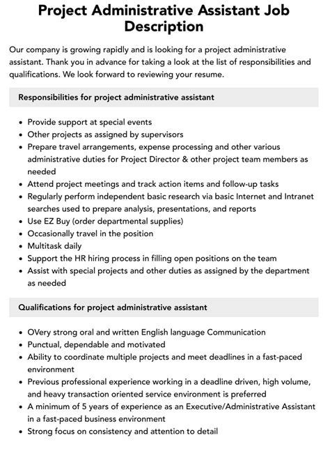 Project Administrative Assistant Job Description Velvet Jobs