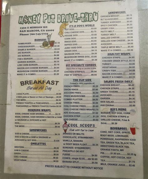 menu  money pit fast food san marcos