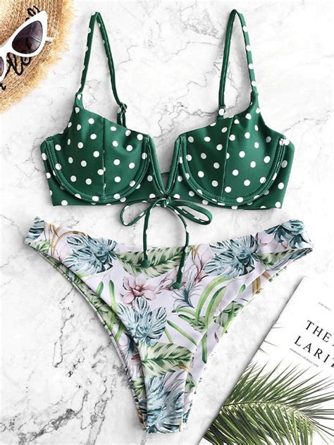 Emmiol Free Shipping 2023 Polka Dot Underwire Bikini Set Green L In