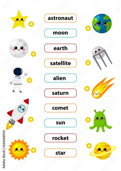 Match words with the correct pictures. Learn english words. Space theme. Cute vector kawaii ...