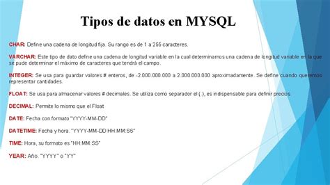 Tipos De Datos En Mysql Char Define Una