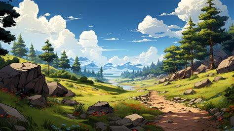 Premium Photo | Forest path with trees and rocks Cartoon illustration