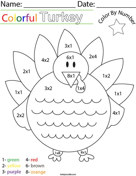 Multiplication Color By Number Turkey Math Worksheet Twisty Noodle