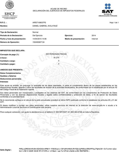 Acuse De Recibo Declaraci N Del Ejercicio De Impuestos Federales R F C