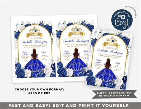 Editable Elegant Royal Blue Rose Mis Xv Anos Invitation Blue Etsy