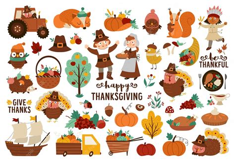 Premium Vector Vector Thanksgiving Elements Set Autumn Icons Collection With Funny Pilgrims