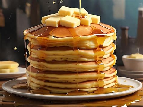 Premium AI Image | tall stack of huge fluffy pancakes covered in maple syrup and butter syrup ...