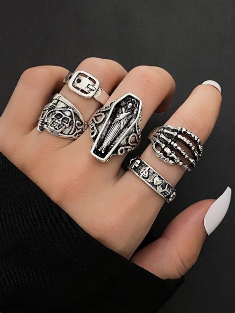 Novo Punk Style Retro Skull Leaf Retro Skull Leaf Ring Conjunto De