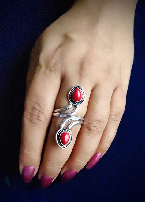 Get Teardrop Stone Studded Oxidised Silver Ethnic Red Ring At