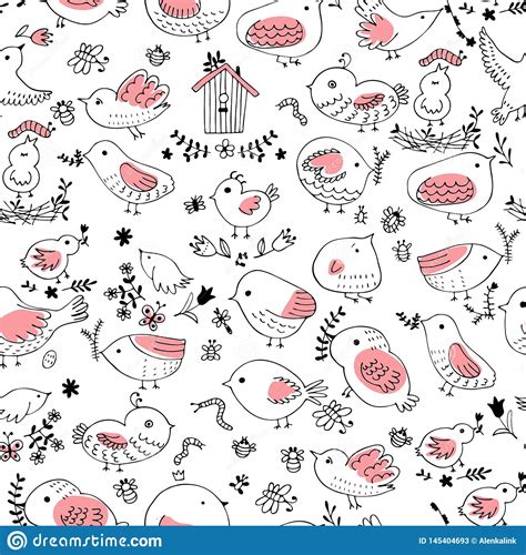 Seamless Vector Pattern Of Birds Collection Of Cute Hand Drawn Bird