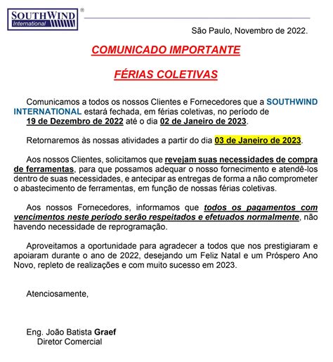 COMUNICADO IMPORTANTE FÉRIAS COLETIVAS SouthWind