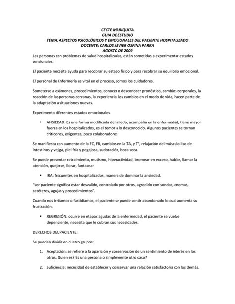 Aspectos Psicol Gicos Y Emocionales Del Paciente Hospitalizado Pdf