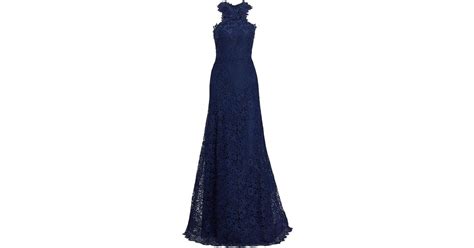 Teri Jon Lace Halter Fit And Flare Gown In Blue Lyst