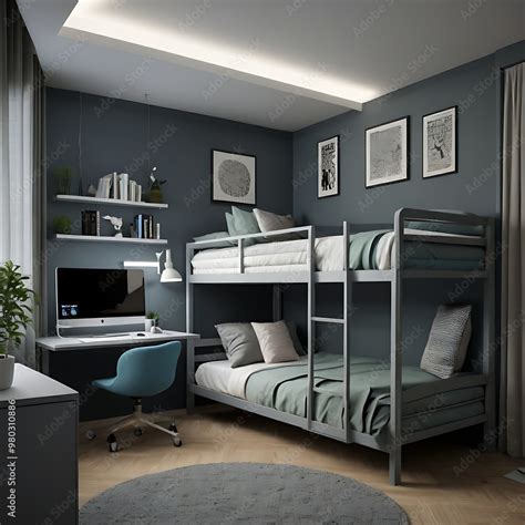 metallic gray dorm room   bunk bed  desk interior home
