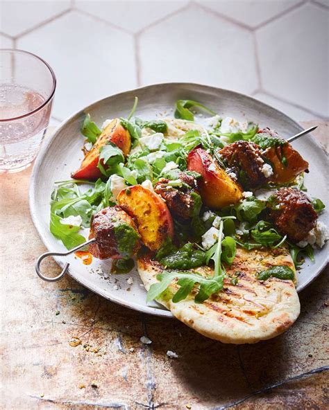 Lamb And Peach Skewers With Zaatar Flatbreads And Herby Sauce