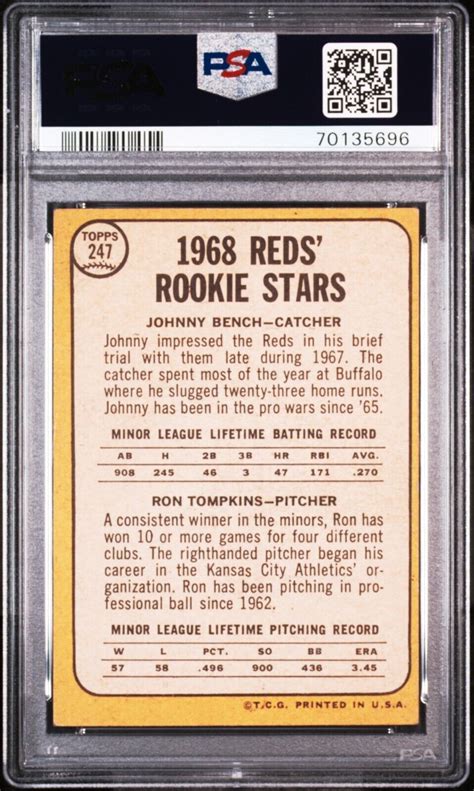 1968 TOPPS JOHNNY BENCH ROOKIE STARS RON TOMPKINS 247 PSA 4 VG EX