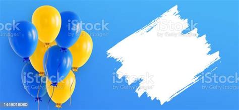 Banner With Bunch Of Helium Balloons And Brush Stroke Over Blue Sky