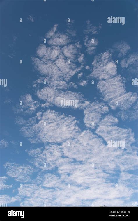 Delicate Thin White Fragmented Cirrocumulus Clouds In A Blue Sky High Wispy Clouds In